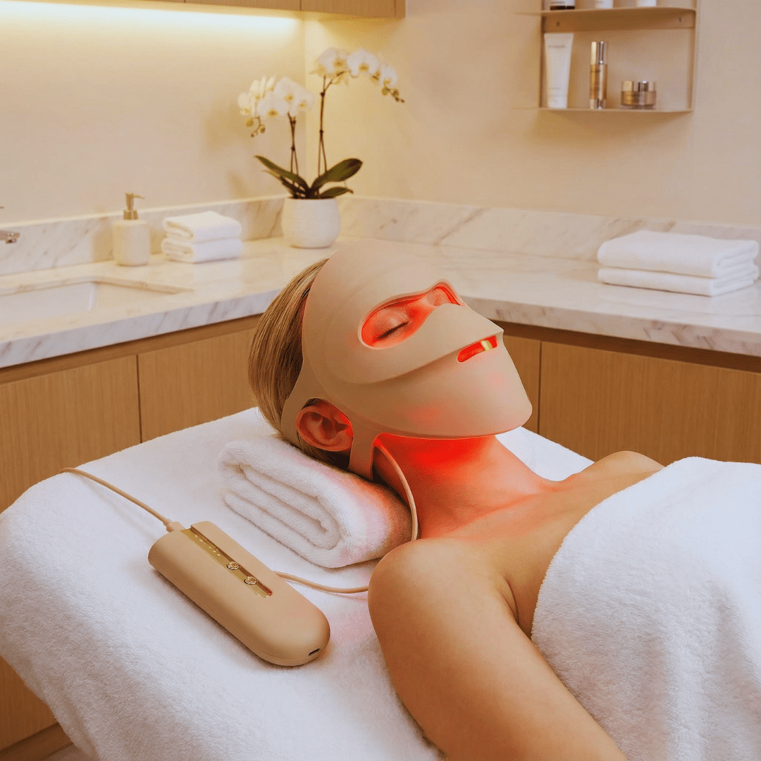 RenewLabs™ GlowMask Flex – LED Ansigtsmaske (3 lysfarver + 660nm/850nm) - infrarød lysterapi - Bærbar Infrarød Lysterapi - RenewLabs